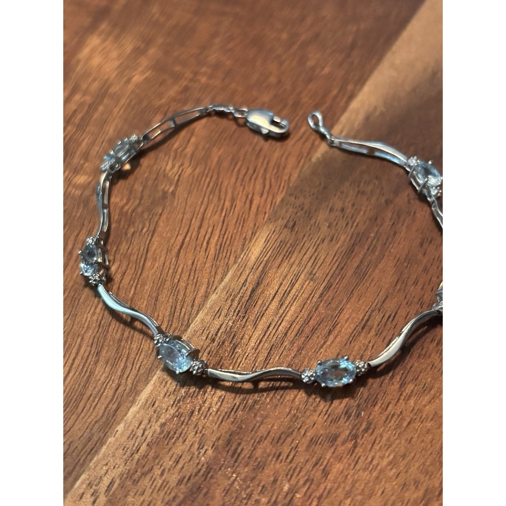 Sterling Silver Aquamarine & Diamond Wave Tennis Bracelet 7" Over $700 Retail
